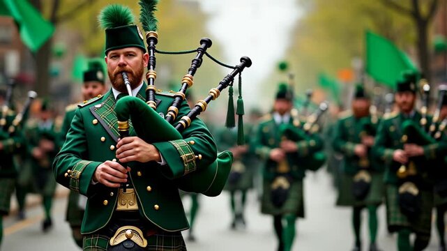 Bagpiper playing instrument in green uniform during street parade, traditional irish marching band celebration, concept of stpatricksday, music, culture