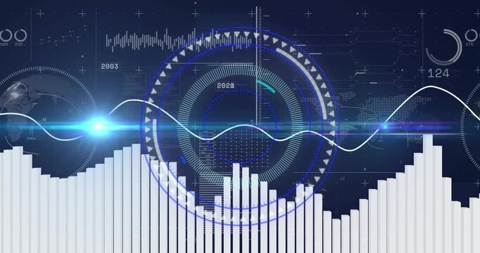 Audio peaks driving central HUD and globe responding, rings rotating, bars rising for monitoring