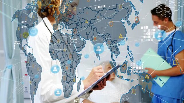 Doctor charting clipboard for patient care, world map appearing over staff, nurse handing folder