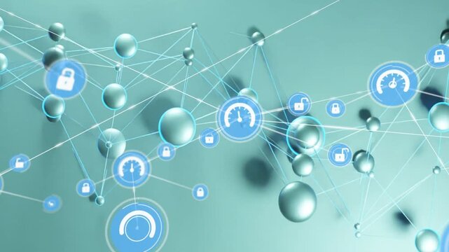 Blue gauge fading in, network being populated and expanding with nodes and locks showing security
