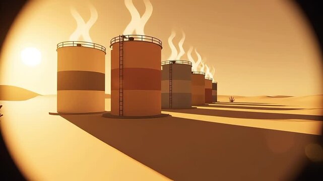 Industrial facility with smokestacks emitting steam under a warm sun, showcasing environmental impact or production processes