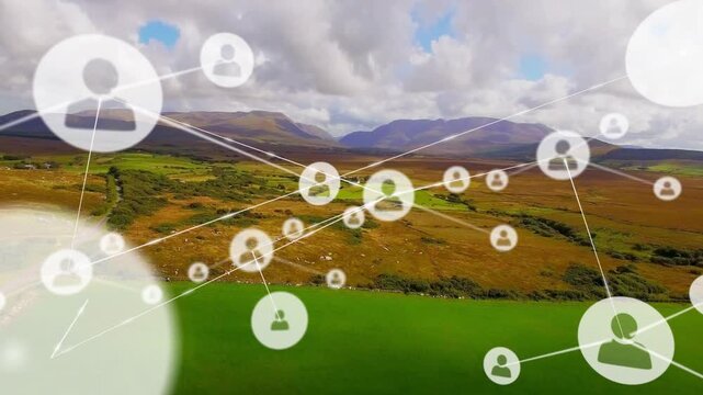 Tiny node popping at center driving user nodes growing, linking, forming net over aerial fields