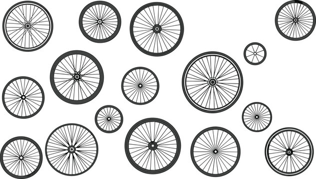 Assortment of bicycle wheels of various sizes on a white background bike wheel spokes