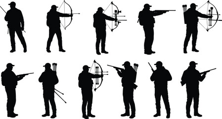 Hunting and shooting sport silhouette vector illustration set with hunters using a bow, rifle, and shotgun on white © Creative Rejia