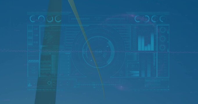 Wind gust sending turbine spinning and producing power, HUD monitoring, sun flare growing
