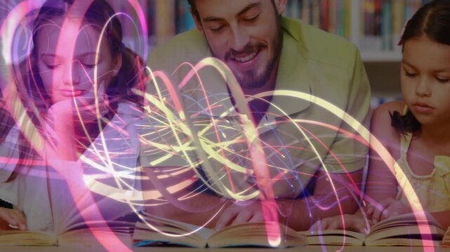 Father reading with kids among shelves, open book turning sparking neon spells supporting learning