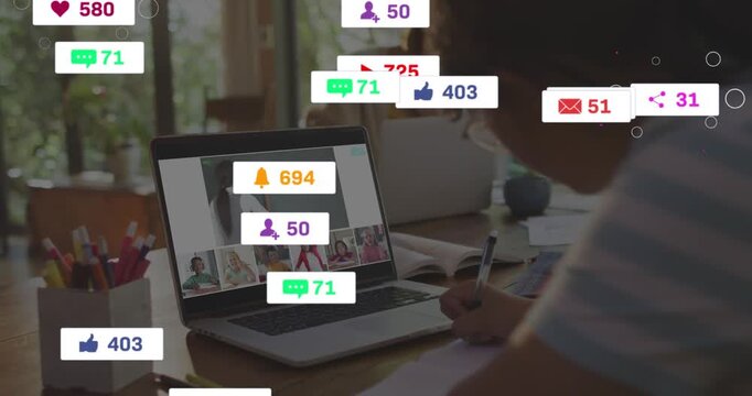 Child tapping laptop, taking notes, generating hearts, likes, chat icons for digital learning