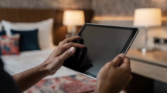 Hands tapping tablet to select scene presets in a vibrant hotel room creating tailored moods for leisure or business background elegantly out of focus.