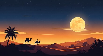Fototapeta premium Desert landscape with camels and palm tree at night serene scene