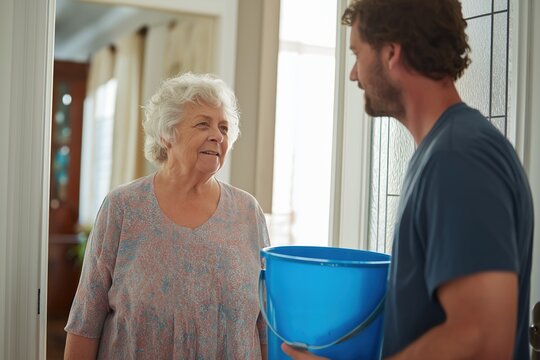 Young Man Arriving with a Bucket to Help His Senior Neighbor