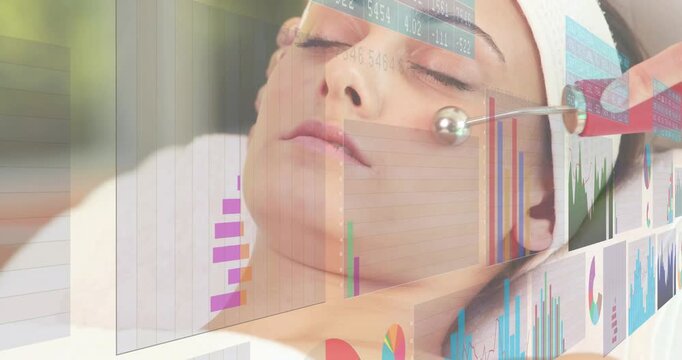 Esthetician bringing roller and rolling along woman's cheek toward jaw, graphs showing skin metrics
