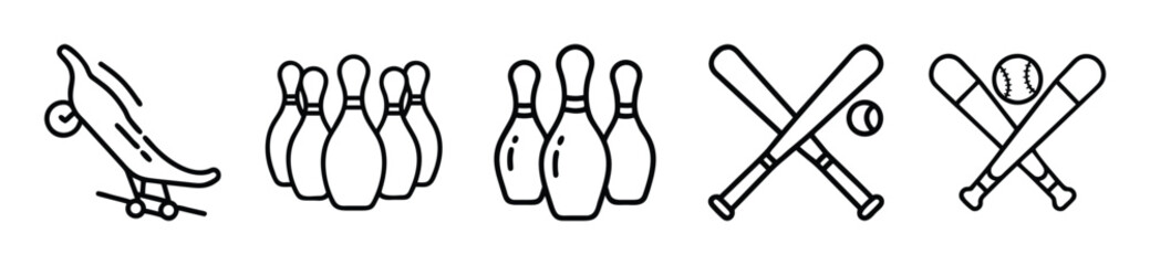 Fototapeta premium Sporty icons including skateboard, bowling pins, baseball bats, and cricket bats