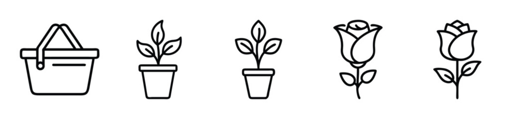 Obraz premium Simple line icons of plants and flowers in pots for gardening and decoration