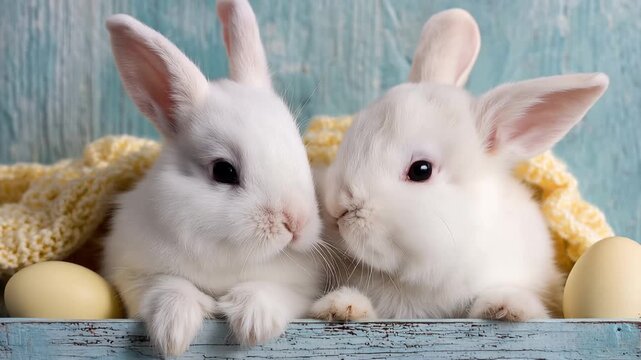 Cute rabbits sitting together with eggs in a colorful setting during springtime in a cozy indoor space