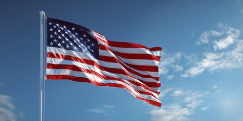 Obraz premium The flag of the United States against a blue sky.