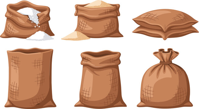 Burlap sack bag collection with flour, grain, and agricultural storage sacks rustic farm vector illustration set