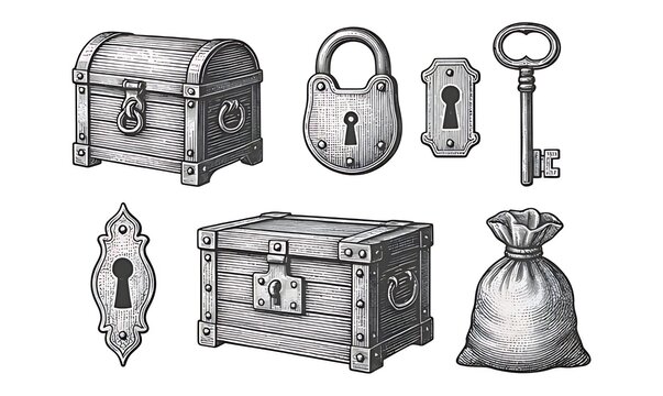 A collection of antique treasures and locks from a bygone era isolated on white background