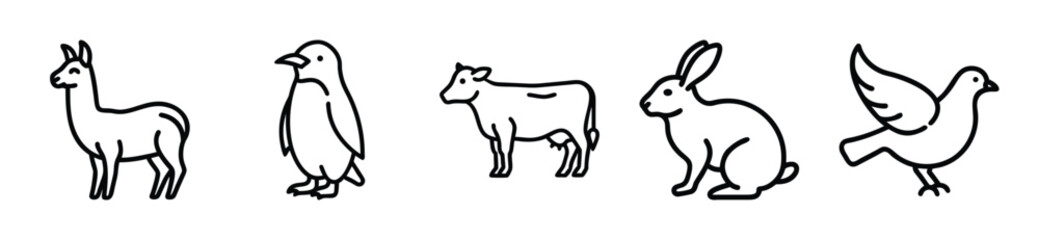 Obraz premium Set of simple animal line drawings including llama, penguin, cow, rabbit, and bird