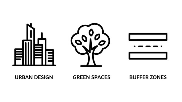 Urban planning and landscape design icons featuring city skyline green spaces tree and buffer zones map symbols