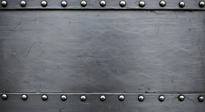 A close-up view of a rustic metal panel with riveted edges and visible wear isolated on white background