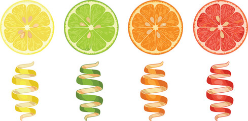 Naklejka premium Citrus fruit slices collection with lemon, lime, orange, and grapefruit spiral peel fresh juicy vector illustration set
