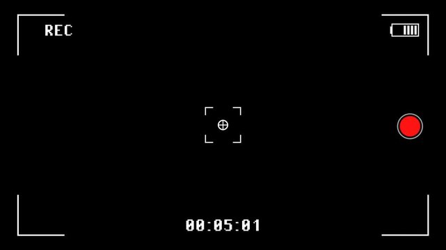 4K camcorder display view with recording indicator. Flickering retro screen interface with recording timer and crosshair, Camera recording screen with red record button and countdown timer animation, 