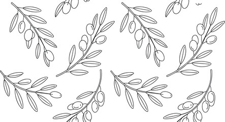 Black and white olive branch pattern hand drawn botanical outline elements seamless background floral wallpaper. © Md. Mozammel Hoq