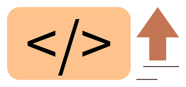 Software development, web coding, data upload, programming interfaces, digital trends, tech processes. Code symbol and upward arrow on contrasting background. Software development and web coding