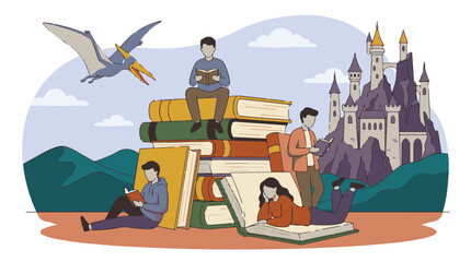Readers exploring fantasy worlds through books with a castle and flying dinosaur © StockStudio