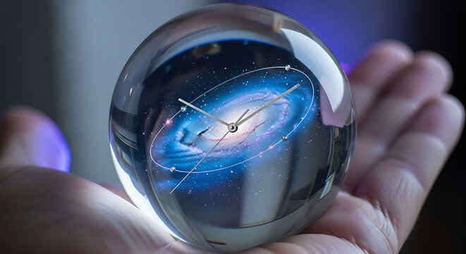 Glass Sphere Containing a Rotating Spiral Galaxy and Clock Hands Held in Hand. Conceptual Image Representing Universal Time, Space Exploration and Mastery Over Fate.