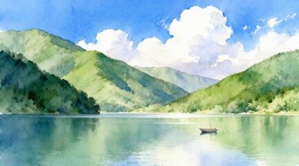 Peaceful Lake Surrounded by Lush Green Mountains