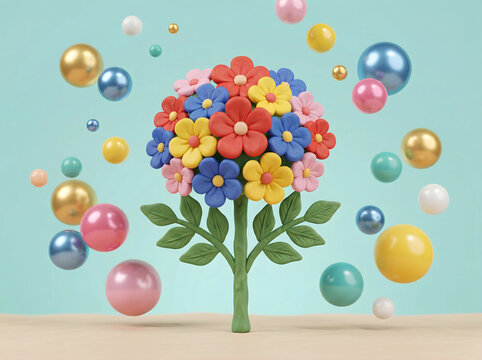 3d render of stylized colorful flowers with floating glossy spheres