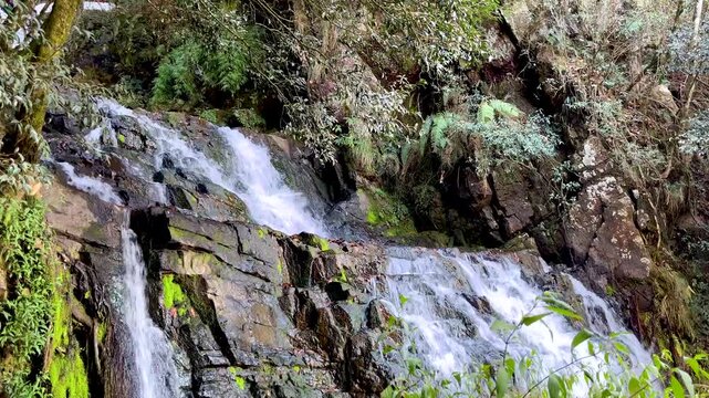 Stunning Crystal Clear Water Flow at Elephant Falls, Meghalaya. Natural Beauty in Daylight. Lai Pateng Khohsiew in Khasi hills waterfalls. Lush greenery mossy rocks in tropical jungle waterfall