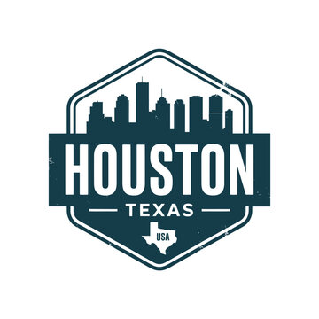 Vintage style emblem featuring the houston skyline and texas state outline