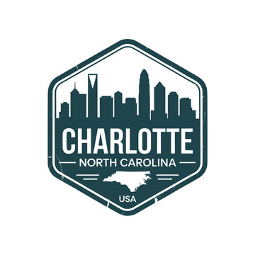 Vintage style badge featuring the charlotte skyline and north carolina map