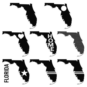 Florida state shapes with various designs and textual elements