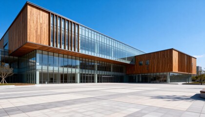 Obraz premium Modern Architectural Building with Glass and Wood Facade