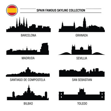 Spanish city skylines collection with flag illustration displayed above
