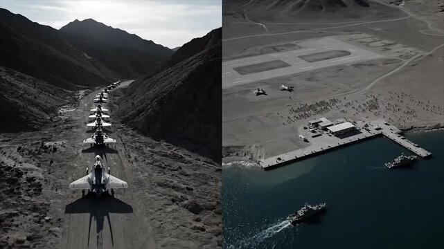Aerial View of Military Base with Jets and Ships, Coastal Operations, and Mountainous Terrain.
