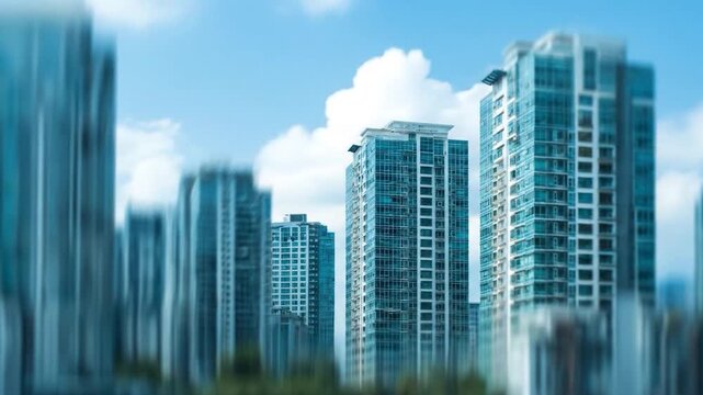 Modern city skyline of highrise buildings against a blue sky with urban landscape.