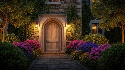 Fototapeta premium Evening Entrance: An inviting stone doorway glows warmly amidst a lush garden illuminated by soft evening light, exuding an aura of tranquility and charm.