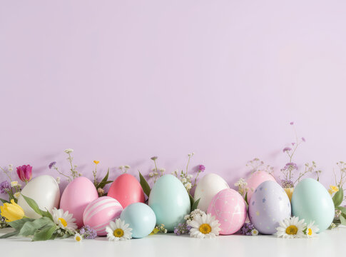 Uova pasquali pastello con margherite su sfondo lilla. Generative AI