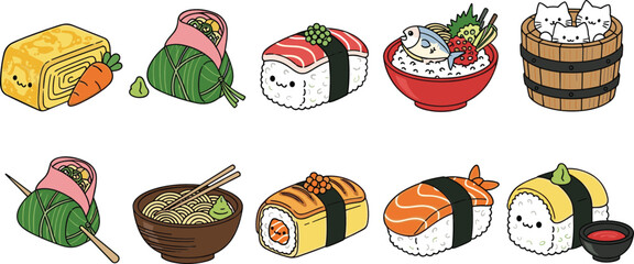 Cute kawaii sushi and Japanese food cartoon collection with nigiri, maki rolls, ramen bowl, rice, and bento vector illustration © Sumon Creative
