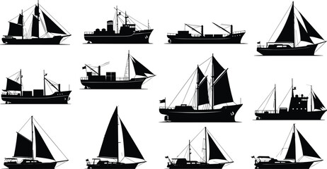 Sailing boat, yacht, sailboat, and fishing vessel silhouettes, vector illustration set for sea, ocean, and marine themes © Creative Rejia