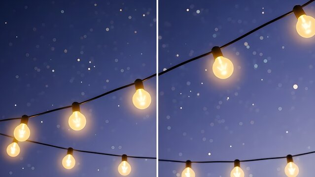 Warm string lights against a starry night sky background
