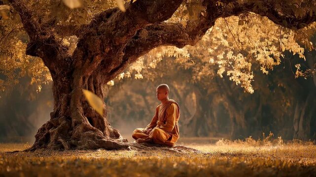 Monk sitting under a large tree amidst golden leaves during autumn meditation in a quiet forest
