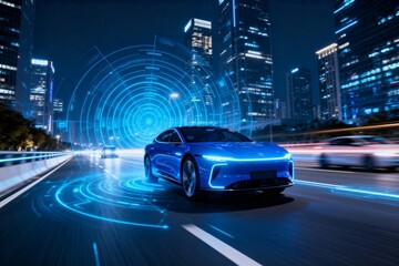 Fototapeta premium Autonomous Electric Car on Futuristic City Road at Night