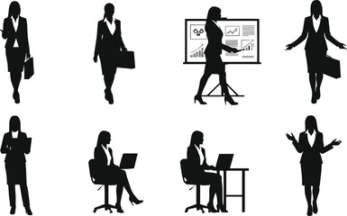 Professional business woman silhouette in various poses for business, marketing, and corporate concepts vector illustration