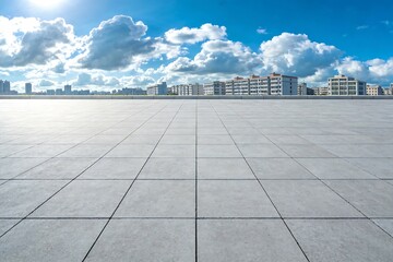 Fototapeta premium Open Skyline with Urban Buildings and Concrete Pavement