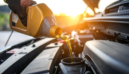 Motor oil being poured into a car engine bay, golden liquid cascading into the receptacle under bright sunlight